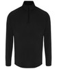 A black long sleeve performance 1/4 zip jacket featuring a sleek design and a high collar. It has a logo on the front.