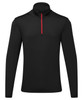 A black long sleeve top with a brushed back finish and a red zip at the collar, featuring a logo.