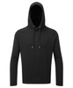 A black hoodie featuring a drawstring hood and long sleeves. It has a plain design with no visible logos.