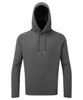 A grey hoodie with a front pocket and drawstring hood. It has a plain design and features a logo.