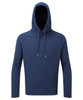 A navy hoodie with a drawstring hood and long sleeves. The garment features a plain design and includes a logo.