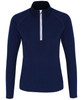 A navy long sleeve performance top with a 1/4 zip and a small logo on the chest.