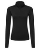 A black long sleeve brushed back 1/4 zip top with a structured collar and fitting design. It has a branding logo.