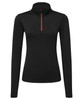A black long sleeve top featuring a brushed back material and a red 1/4 zip. It has a logo on it.