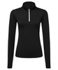 A black long sleeve top with a brushed back finish and a 1/4 zip collar. Features a small branding logo.