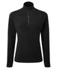 A black active-fitted fleece with a zippered collar and long sleeves. Features a logo on the garment.