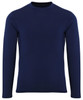 A long-sleeved navy blue performance baselayer top with a round neckline and no visible logos.