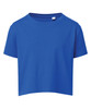 A blue kids' boxy T-shirt with short sleeves and a simple design. The shirt features a tag at the neckline.