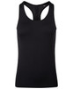A black seamless sports vest with a racerback design and a fitted silhouette. Features a logo on the side.