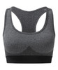 A seamless sports bra in grey with a mesh design and racerback style, featuring a black band at the bottom.