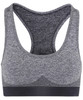 A grey sport bra featuring a seamless design and a mesh back, with a contrasting black band at the bottom.