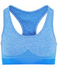 A seamless sport sculpt bra in blue with a racerback design and mesh detailing. Features a branded logo.