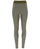 A pair of grey and olive green seamless leggings with a logo, designed for comfort and flexibility.