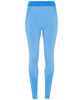 A pair of seamless sport leggings in light blue with darker blue accents and a waistband. Features a logo.