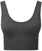 A ribbed seamless sport bra in dark grey featuring a scoop neckline and a fitted design. It includes a logo.