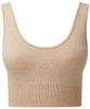 A ribbed, seamless sport bra in a light tan colour with a scoop neckline and thick straps, featuring a logo.
