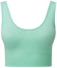 A mint green ribbed seamless sport bra with a fitted design and wide straps. It features a logo on the band.