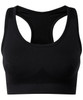 A black sports bra featuring a seamless design and a mesh racerback. It has a branding logo on the front.