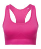 A pink sports bra featuring a seamless design with a strappy back. It has a logo on the side.