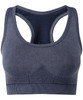 A seamless sport bra in dark blue with a sporty design and a branded logo on the band.