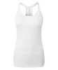 A white seamless sports vest featuring a racerback design and a ribbed texture. It has a small logo on it.
