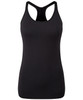 A black seamless ribbed sport vest with a racerback design and a fitted silhouette. Features a branding logo.