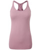 A pink seamless sports vest with a ribbed texture and a racerback design, featuring a branding logo.