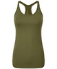 A seamless, olive green sports vest with a ribbed texture and racerback design. It features a logo on the front.
