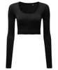 A black ribbed seamless crop top with long sleeves and a rounded neckline, featuring a logo.