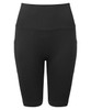 Black ribbed seamless cycle shorts with a high waist and pockets. Features a logo on the waistband.