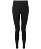 Black leggings with a high waistband, featuring a smooth finish and a logo on the waistband.
