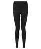 A pair of black leggings featuring a high waistband and a simple, sleek design. There is a logo present.