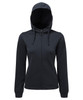A full-zip hoodie in black with a hood, featuring long sleeves and a simple design. It has a logo.