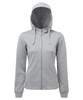 A grey full-zip hoodie with a hood and long sleeves. It features a logo on the front.