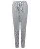 A pair of grey joggers with a drawstring waist and elastic cuffs, featuring side pockets and a logo.