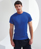 A blue recycled performance T-shirt, displayed on a male model, featuring a simple design and a logo.