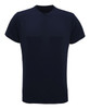 A navy recycled performance T-shirt with short sleeves and a simple design, featuring a logo.