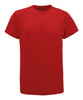 A red recycled performance T-shirt displayed on a plain background, featuring a logo on the front.