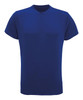 A blue recycled performance T-shirt with short sleeves and a round neckline. It features a logo on the front.