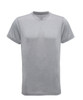 A grey performance t-shirt made from recycled materials, featuring a simple design and a logo.