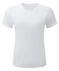 A plain white short-sleeve t-shirt made from recycled materials, featuring a logo on the label.