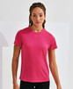 A pink, recycled textured t-shirt with short sleeves, featuring a logo on the chest.