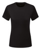 A black textured T-shirt with a round neckline and short sleeves, featuring a logo.