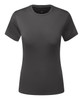 A dark grey, short-sleeved t-shirt with a fitted design and a logo on the front.