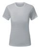 A light grey textured T-shirt with short sleeves and a logo on the front.