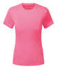 A bright pink T-shirt with short sleeves and a textured finish, featuring a small logo on the front.