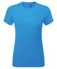 A bright blue textured T-shirt with a classic crew neck and short sleeves. Features a logo on the label.