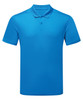 A blue cationic recycled textured polo shirt featuring a collar and three-button placket, with a logo on the chest.