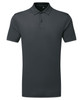 A dark grey polo shirt with a collared neckline and short sleeves. It has a logo on the chest area.