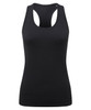 A black seamless tank top with a racerback design and a subtle logo on the front.